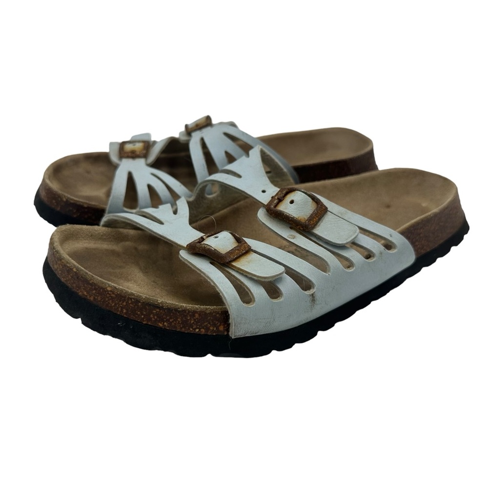 Birkenstocks Betula Granada Pastel Blue Cork Leather Sandals Rust  Buckle 6